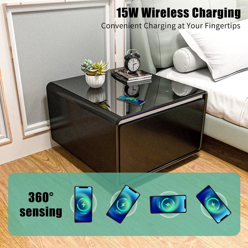 Modern Smart Side Table With Built-In Fridge, Wireless Charging, Temperature Control, Power Socket, USB Ports, Outlet Protection, Induction Light by Unique Piece Furniture