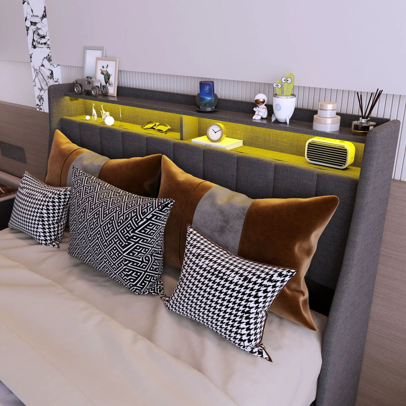 Bed With LED Lights, 4 Drawers, Winged Headboard Upholstered by Unique Piece Furniture
