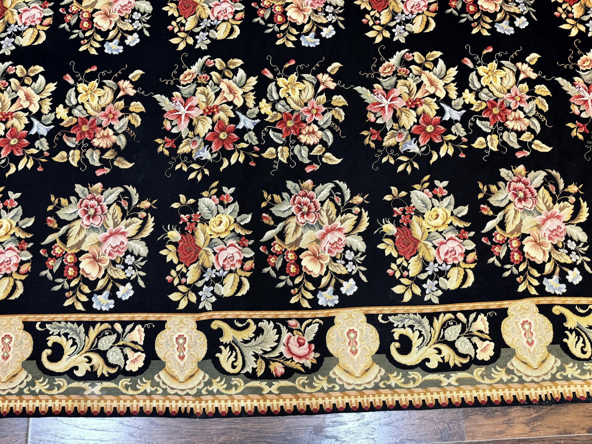 Palace Size Needlepoint Rug 12x16, Black and Colorful, Floral Panel, Handmade Oversized Wool Needlepoint Carpet, Rare by Jewel Rugs