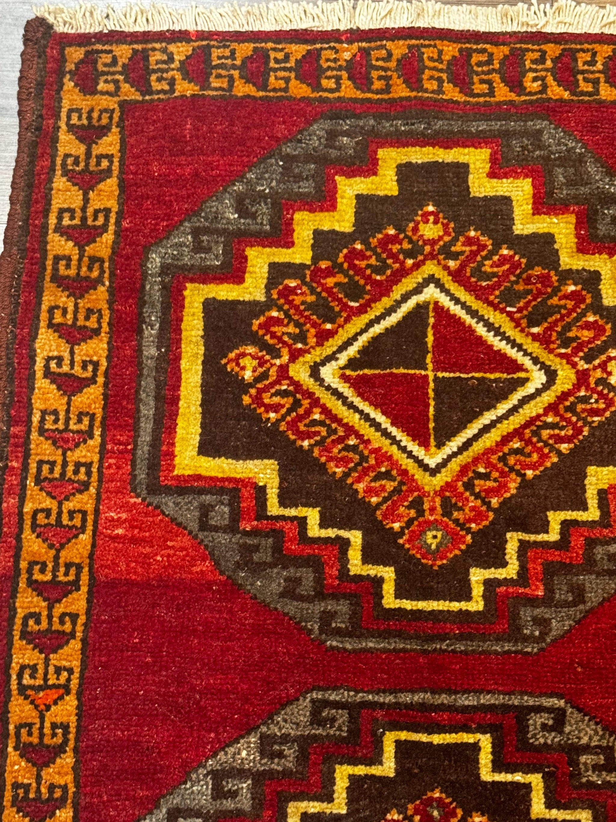 Small Antique Turkish Yastik Rug 2x3, Double Medallions, Geometric, Red, Wool by Jewel Rugs