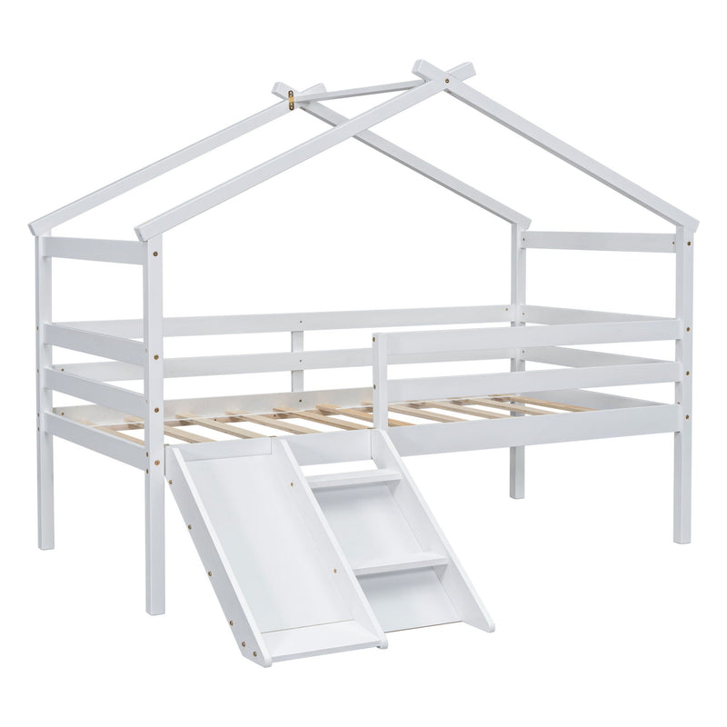 Low Loft House Bed With Slide, Ladder, Safety Guardrails, House Roof Frame by HouseOfZazla