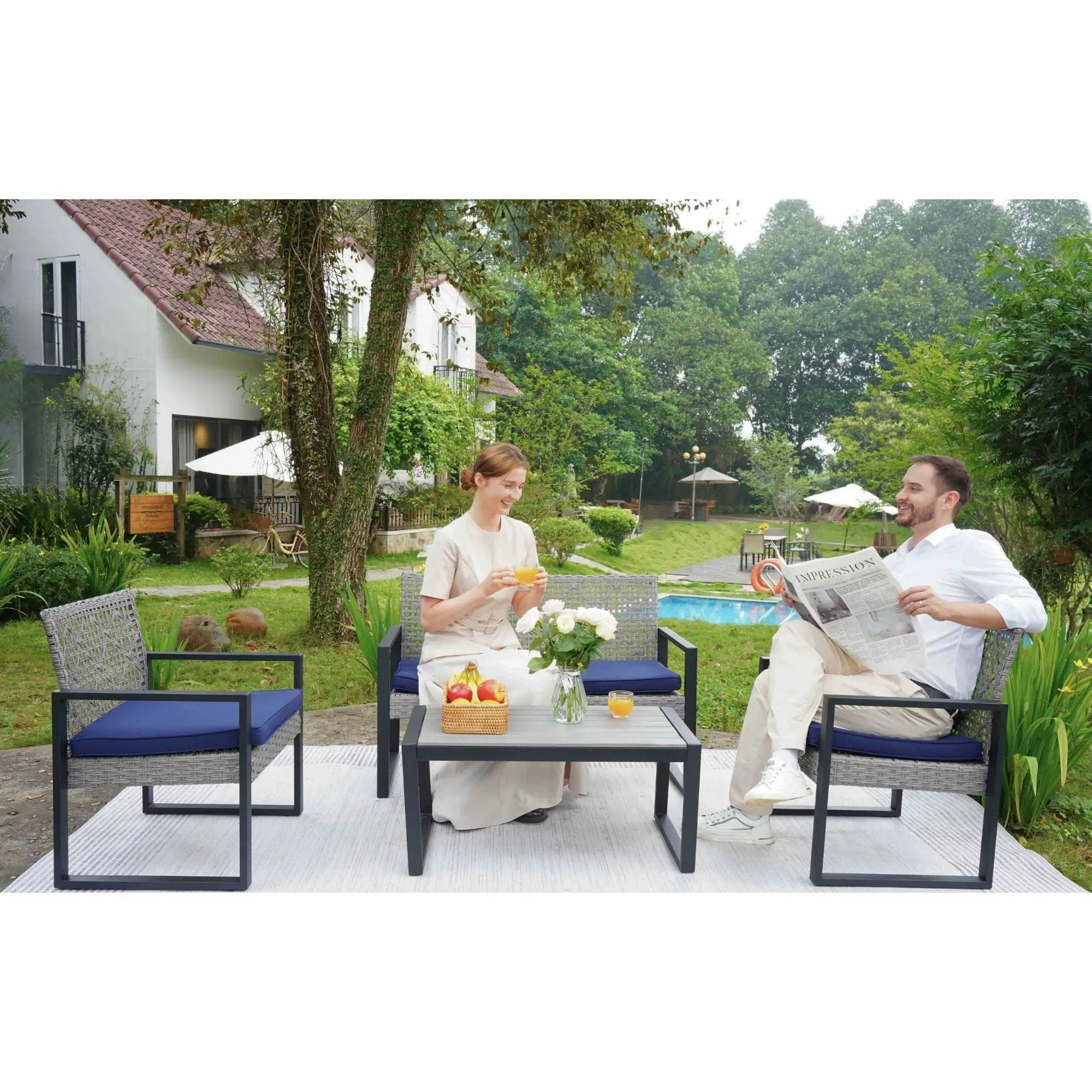 4 Piece Patio Furniture Set With Acacia Wood Table Top And Cushions by HouseOfZazla