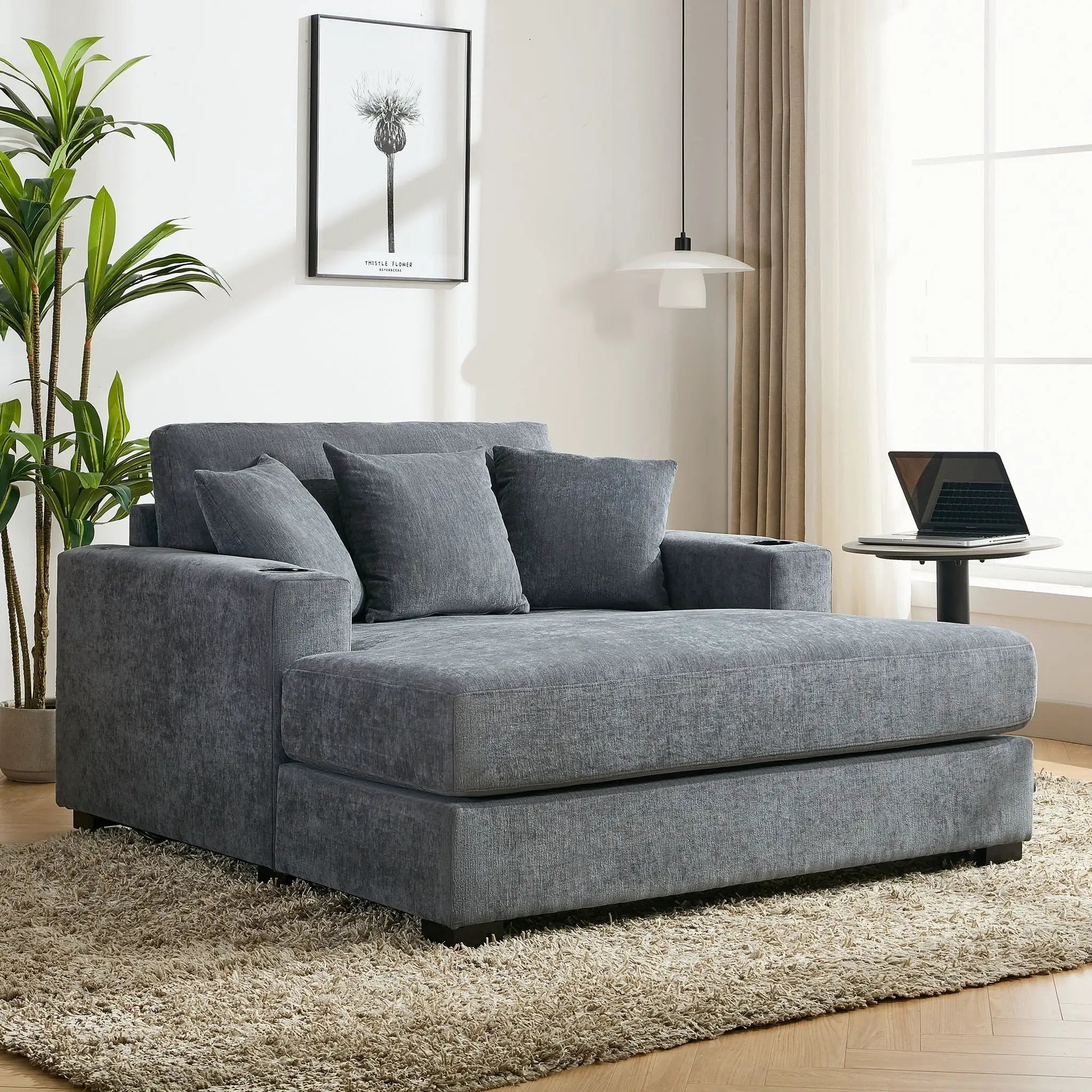 Oversized Chaise Lounger Modern Style Sofa Couch, With Pillows, Charge Station & Cup Holders by Unique Piece Furniture