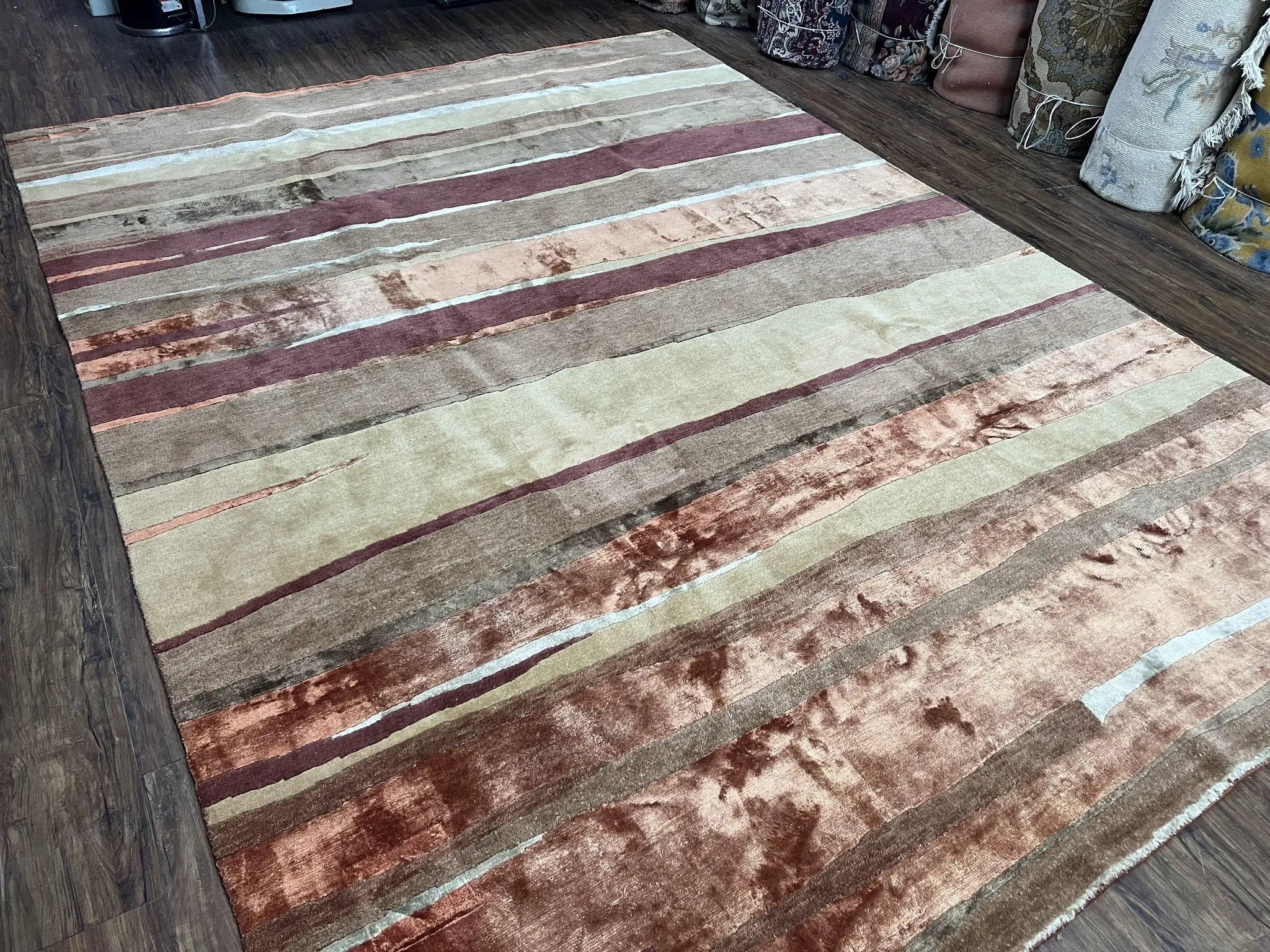 Modern Tibetan Rug 8x11 Nepali Carpet, Shiny Velvely Soft Wool and Silk, Contemporary Hand Knotted Rug, Striped Design, Wool Area Rug 8 x 11 by Jewel Rugs