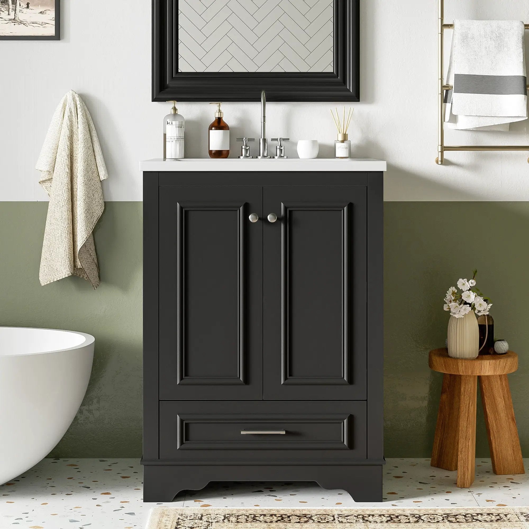 Bathroom Vanity With Ceramic Sink Combo, Modern Freestanding Storage Cabinet With Silver Handles by Unique Piece Furniture