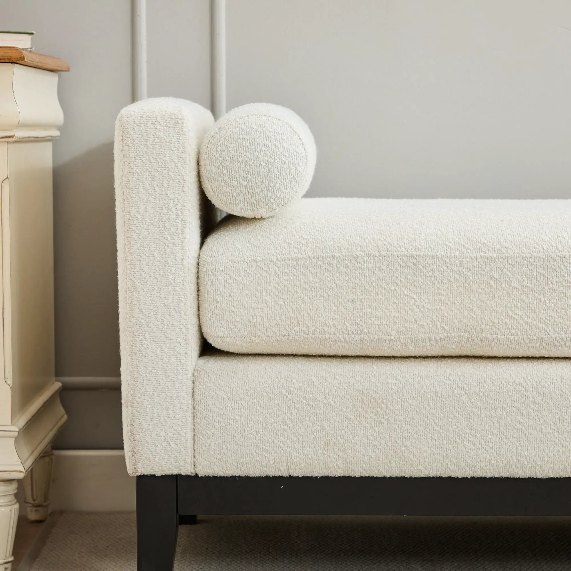 Elegant Upholstered Bench, Daybed, Ottoman With Wood Legs & Bolster Pillows - Ivory Boucle by HouseOfZazla