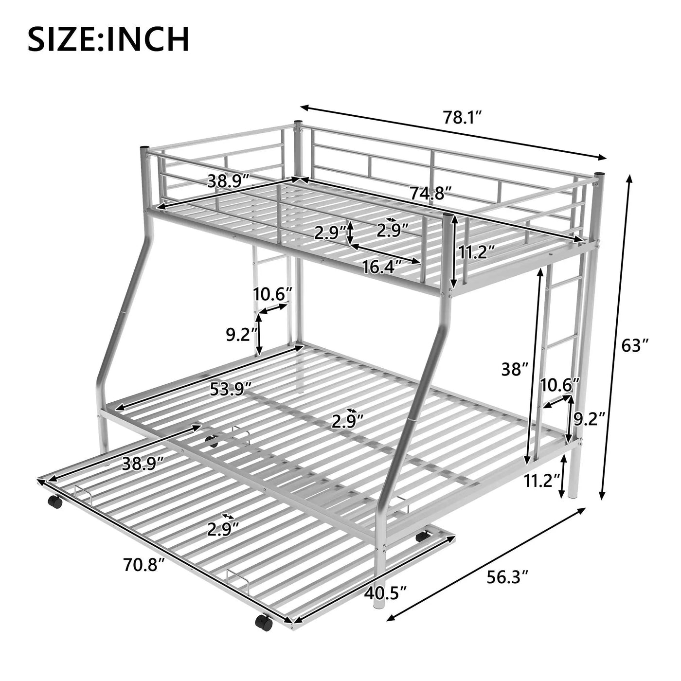 Bunk Bed With Steel Frame And Trundle, 2 Side Ladders by Unique Piece Furniture