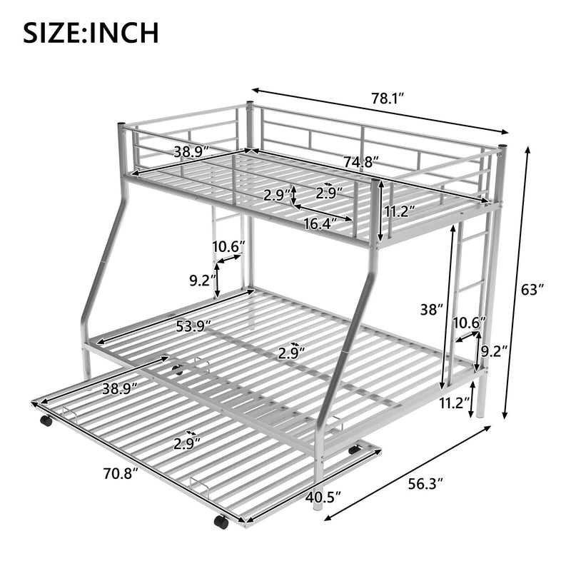 Bunk Bed With Steel Frame And Trundle, 2 Side Ladders by Unique Piece Furniture