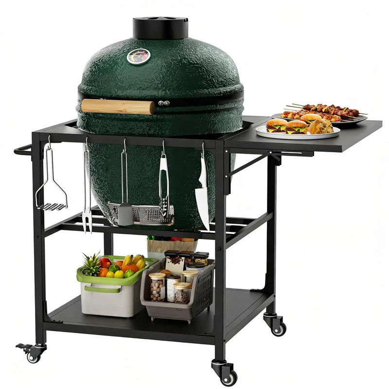 Outdoor Grill Table, Prep Cart With Wheels, Storage Shelf And Hooks - Black by HouseOfZazla