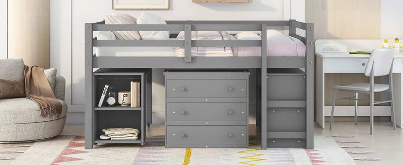 Loft Low Study Bed With Cabinet, Shelves And Rolling Portable Desk, Multiple Functions by HouseOfZazla
