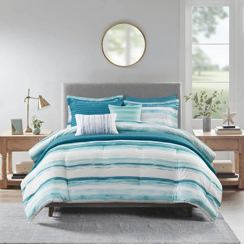 8 Piece Printed Seersucker Comforter and Quilt Set Collection Aqua King/Cal King by HouseOfZazla