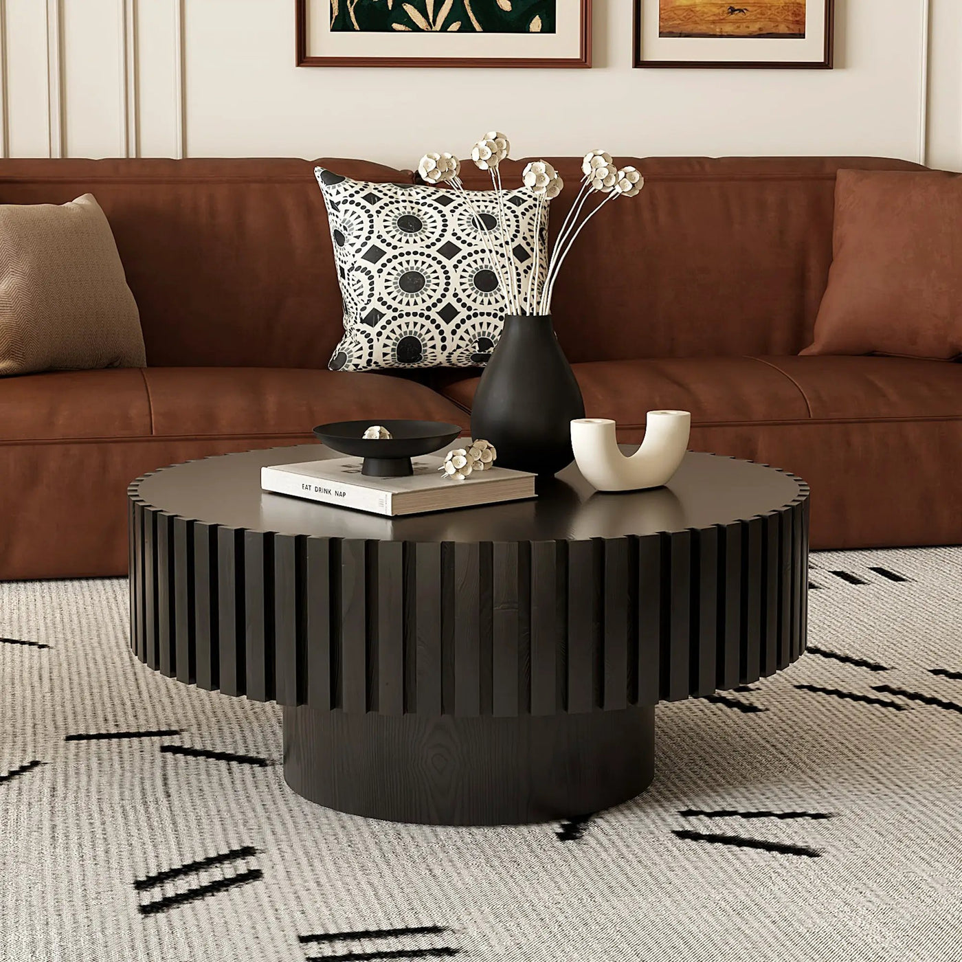Round Coffee Table Handcrafted Relief Sturdy Pedestal by HouseOfZazla
