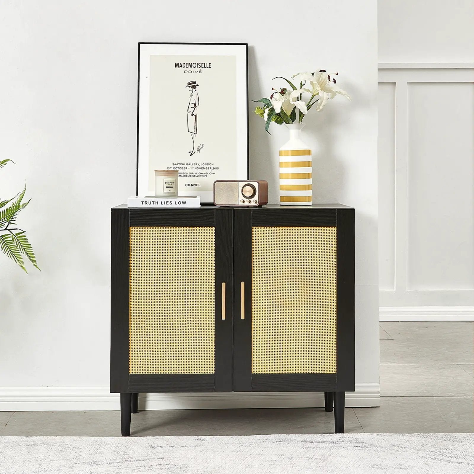 Side Panel Buffet Cabinet With Natural Rattan Door, Rattan Storage Cabinet With Adjustable Shelves, Side Panel And Buffet With Storage Space, Modern Console Cabinet In Bedroom And Living Room - Black / Beige by HouseOfZazla