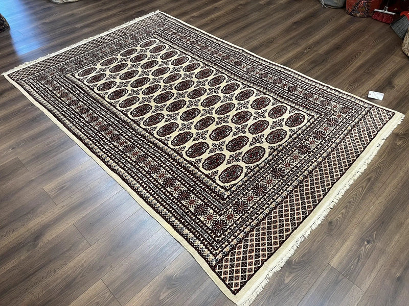 Pakistani Turkoman Rug 6x9, Cream and Red Hand Knotted Wool Oriental Carpet, Yamud Rug, Tribal Rug 6 x 9, Bohemian Area Rug, Bokhara Rug by Jewel Rugs