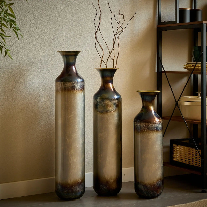 Modern Droplet Shaped Floor Vase Set, Glazed Metal Decorative Vases 3 Piece Home Accent For Living Room - Gold / White by Unique Piece Furniture