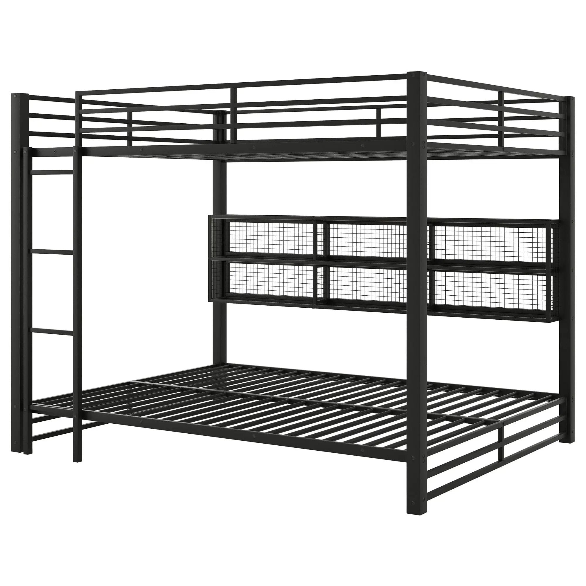 Queen Over Queen Bunk Bed With Storage Cabinets And LED Sturdy Frame, 6 Storage Units, Adjustable LED Lights - Black by HouseOfZazla