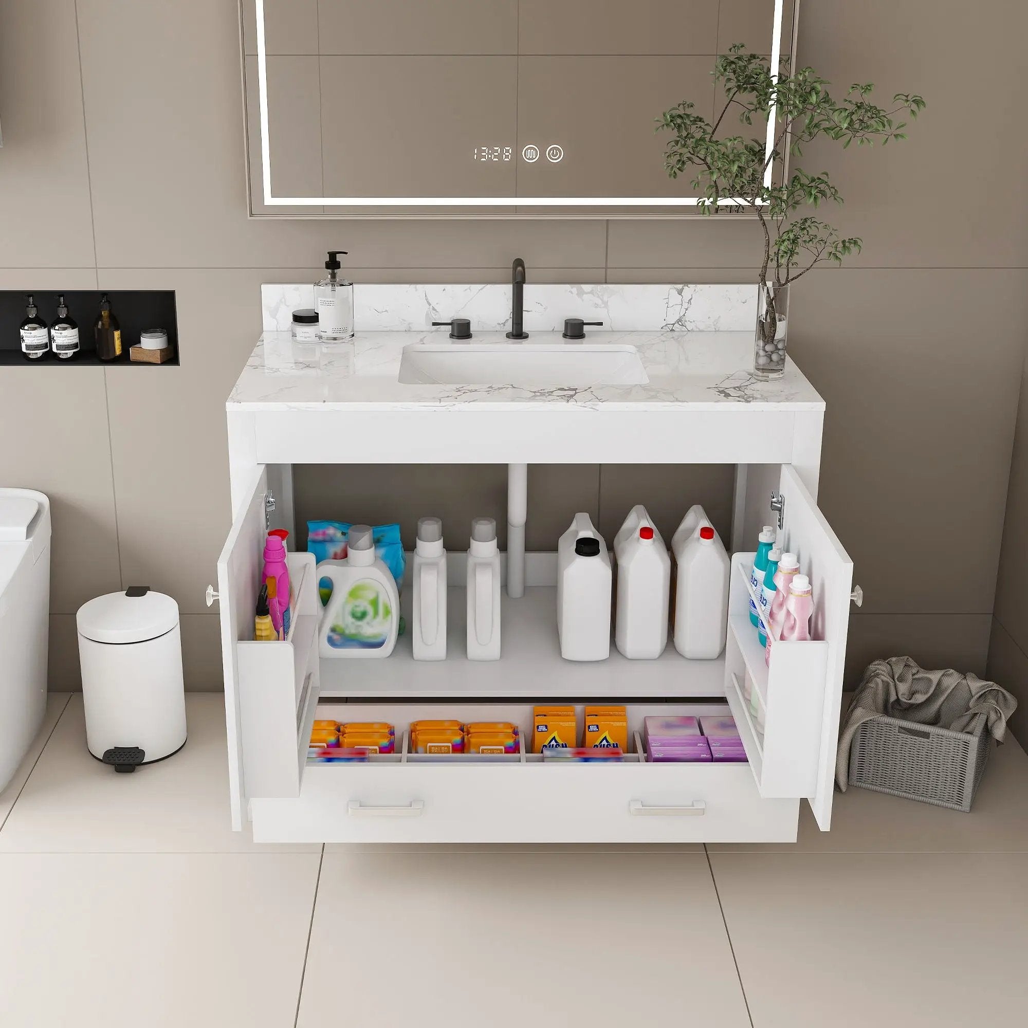 43" Bathroom Vanity With Artificial Marble Carrara Top Set, Multi Functional Bathroom Cabinet With Doors And Drawer - White by HouseOfZazla