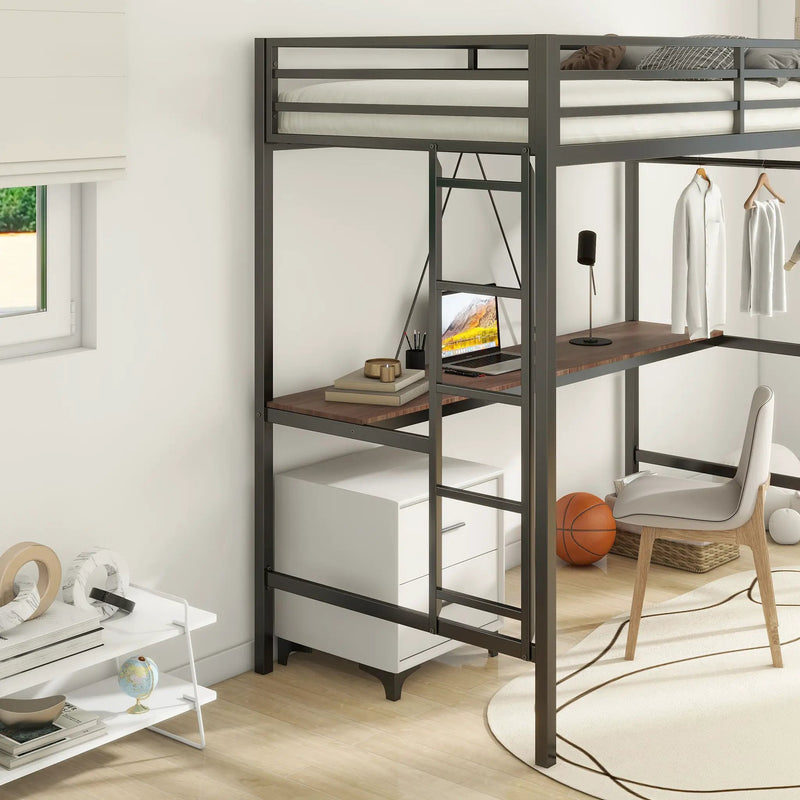 Adam - Twin Loft Bunk Bed With Cinnamon Wood Desk And Closet Rod - Black by Unique Piece Furniture