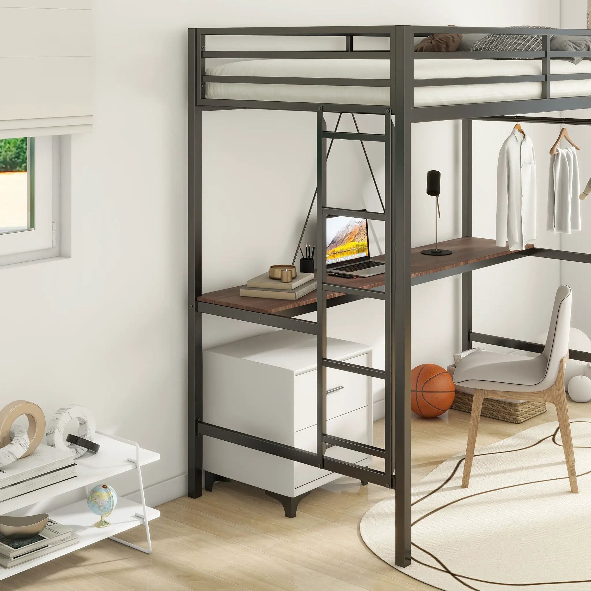 Adam - Twin Loft Bunk Bed With Cinnamon Wood Desk And Closet Rod - Black by HouseOfZazla