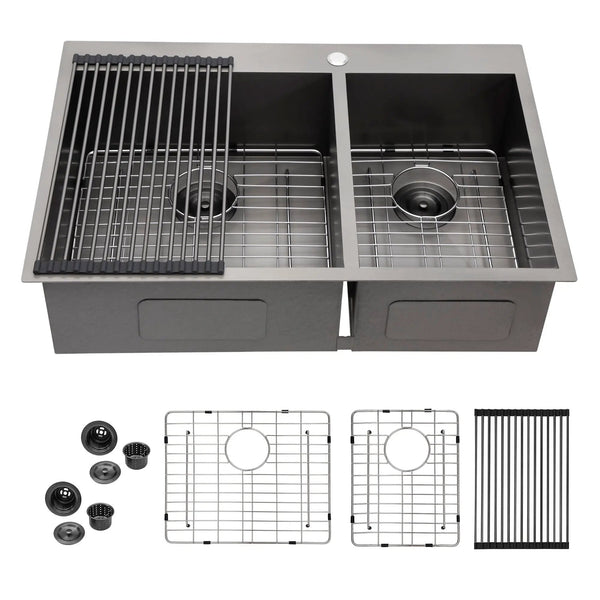 Double Bowl Drop-In Sink With 2 - 9" Deep Basins - Gunmetal Black