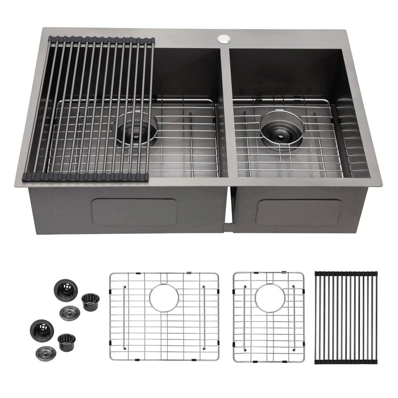 Double Bowl Drop-In Sink With 2 - 9" Deep Basins - Gunmetal Black by HouseOfZazla
