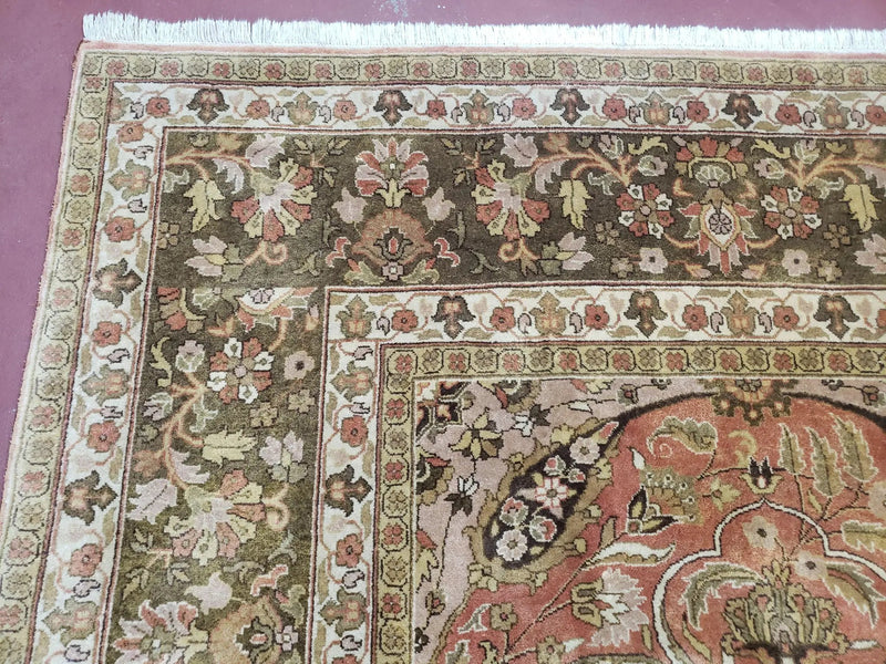 Indo Persian Rug 8x10, Vintage Indian Rug 8 x 10, Fine Hand-Knotted Wool Rug, Rose Clay Red Beige Brown Handmade Area Rug, Floral Medallion by Jewel Rugs