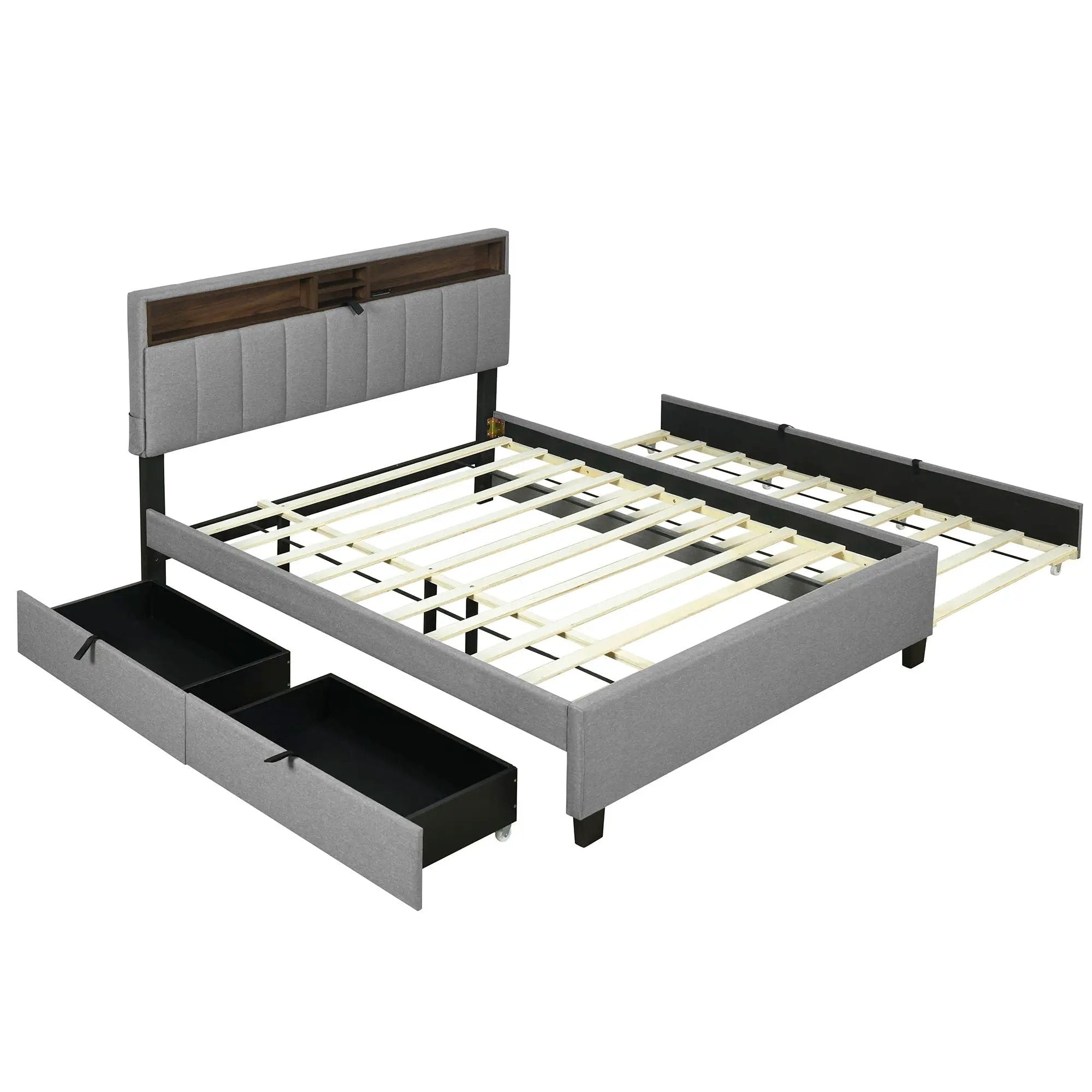 Upholstered Platform Bed With Storage Headboard, Trundle & 2 Drawers And A Set Of Sockets & USB Ports by HouseOfZazla