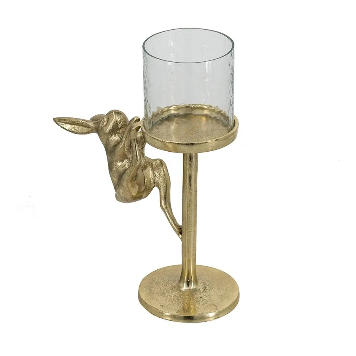 Set of 2 Gold Rabbit Pillar Candle Holders with Clear Glass Hurricane Shade by HouseOfZazla