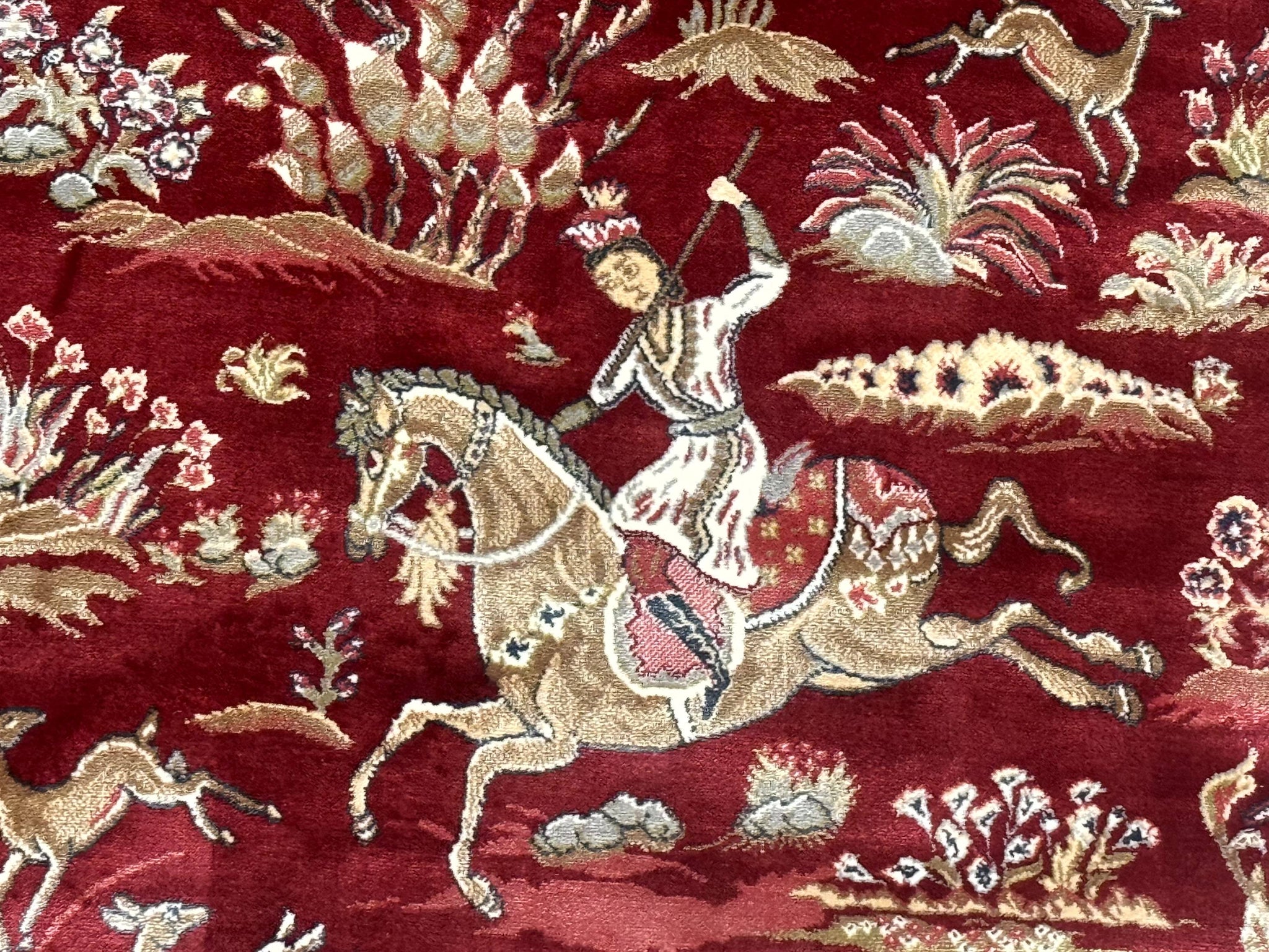 Turkish Silk Hunting Design Rug 4x6, Dark Red & Ivory, Bamboo Silk, New by Jewel Rugs