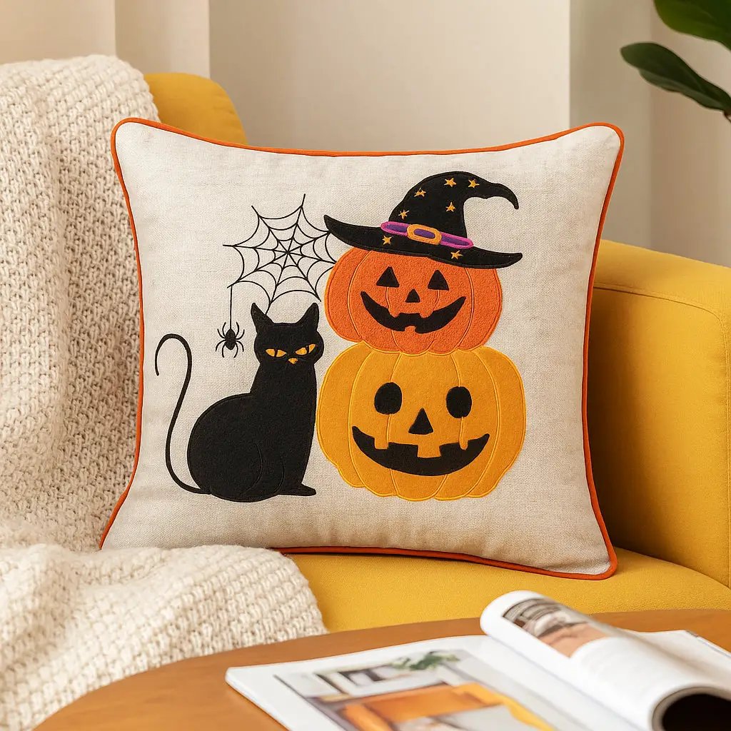 Embroidered Halloween Cat & Pumpkin Throw Pillow by HouseOfZazla