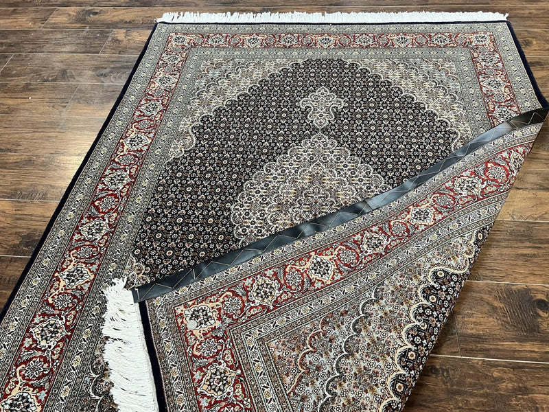 Persian Tabriz Rug 5x7, Wool with Silk Highlights, Hand Knotted Vintage Oriental Carpet, Very Fine, Herati Mahi Pattern, Black, Rare by Jewel Rugs