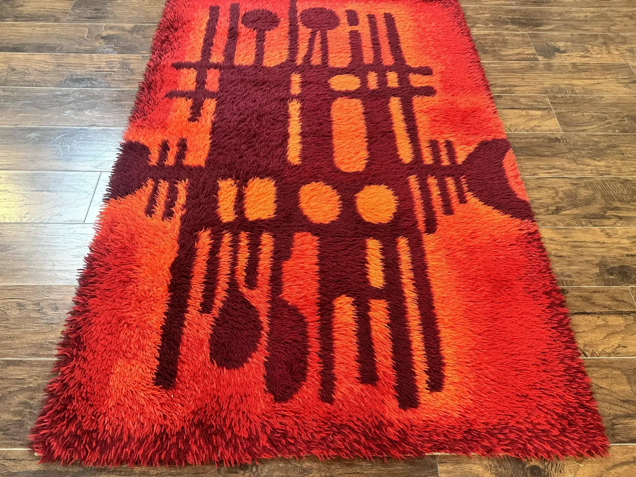 Danish Rya Shag Rug 4x6, Red Vintage Mid Century Retro Abstract Shag Rug by Jewel Rugs