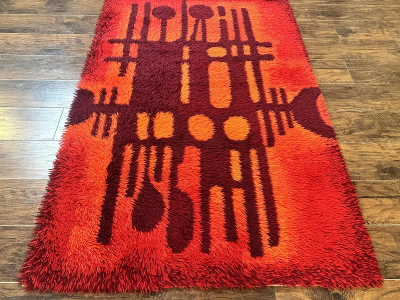 Danish Rya Shag Rug 4x6, Red Vintage Mid Century Retro Abstract Shag Rug by Jewel Rugs