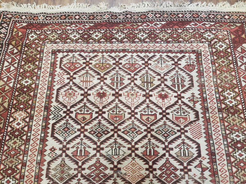 Antique Caucasian Shirvan Rug 4x6, Dagestan Area Rug, Wool Hand-Knotted Soft Red & Ivory 1920s Oriental Carpet, Soft Muted Colors by Jewel Rugs