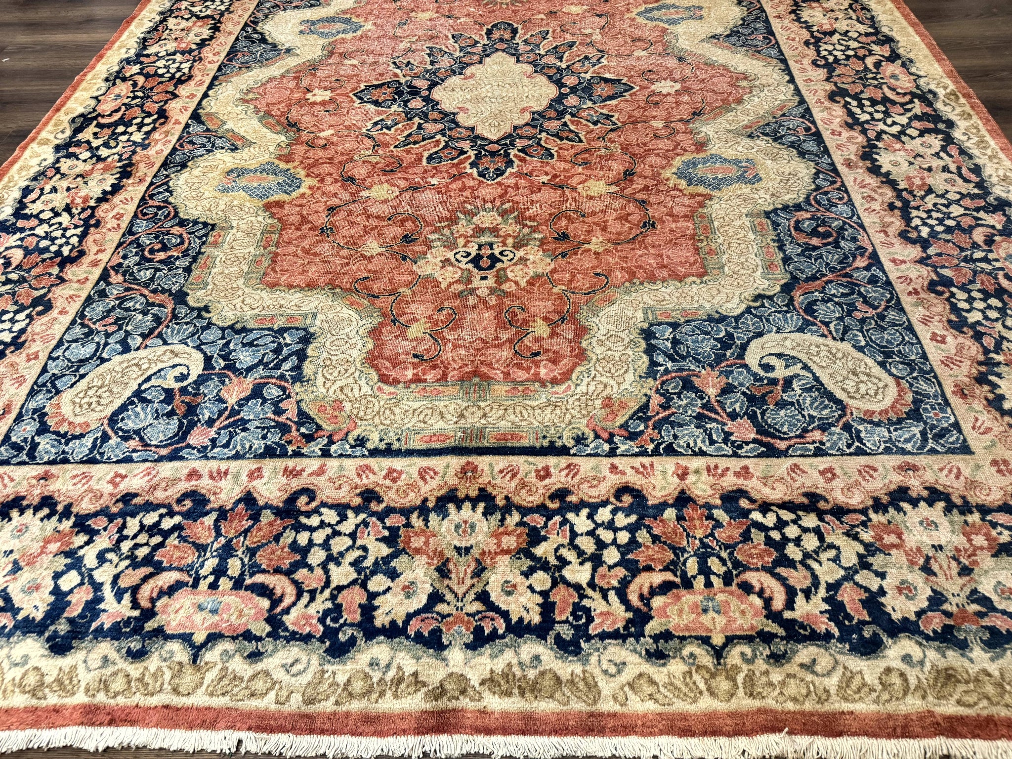 Antique Persian Sarouk Rug 9x12, Boteh Paisleys, Light Red Navy Blue by Jewel Rugs