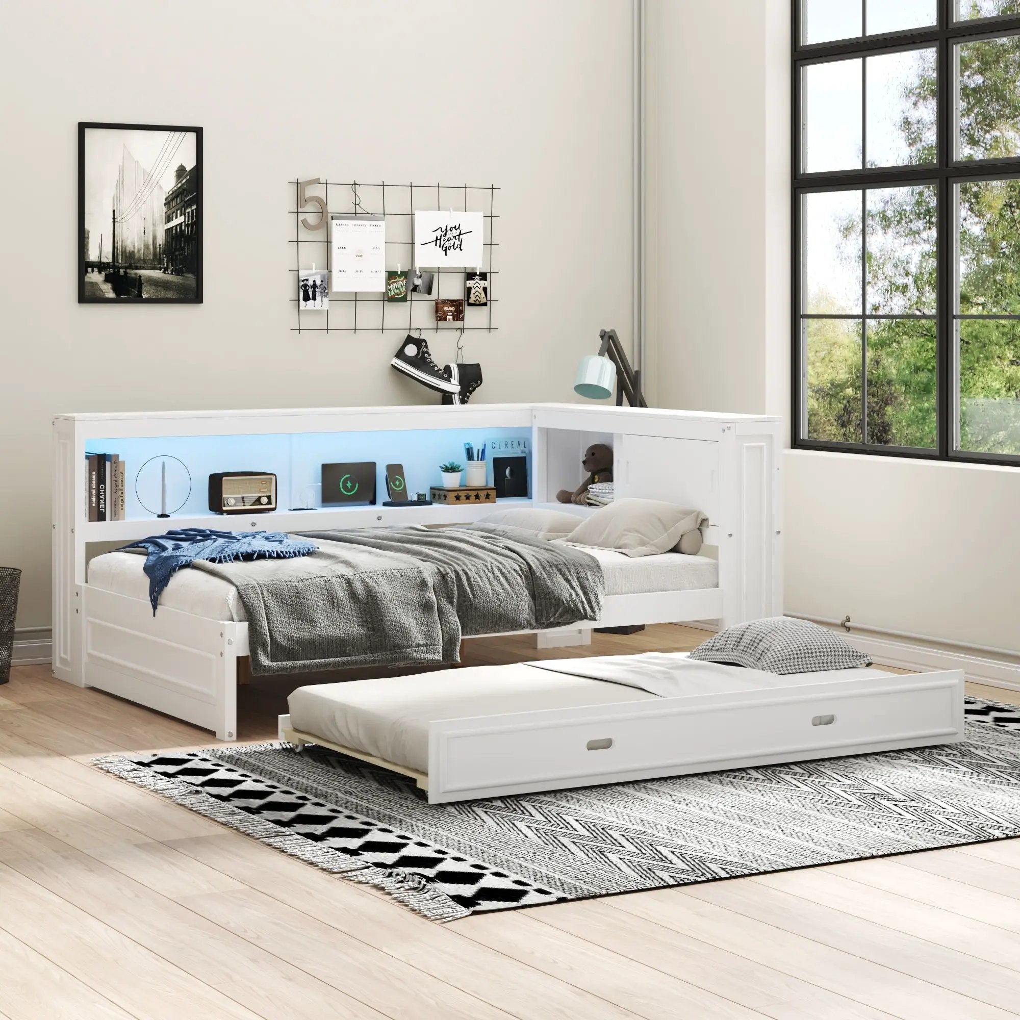 Daybed With Storage Shelves, LED, USB, And Trundle by Unique Piece Furniture