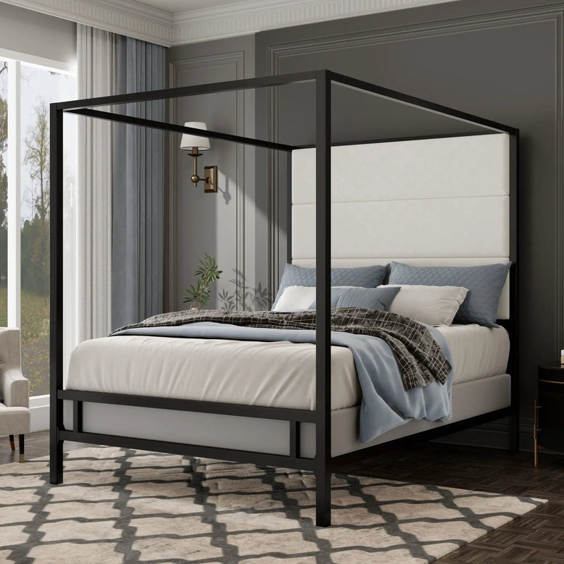Canopy Bed With Tall Upholstered Headboard, 4 Poster Frame by HouseOfZazla