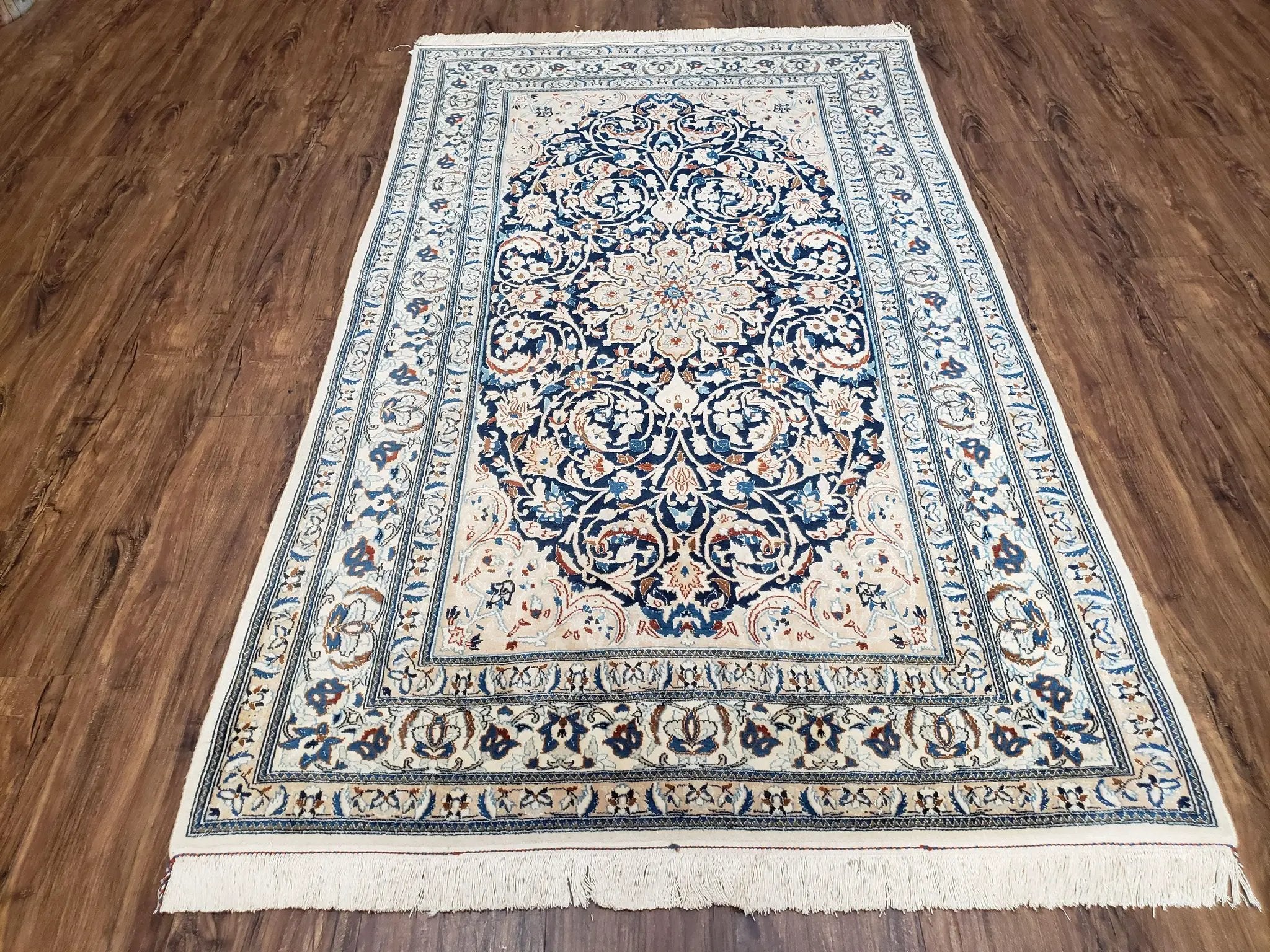 Persian Nain Rug 4x6, Ivory and Blue, Hand-Knotted, Wool & Silk by Jewel Rugs