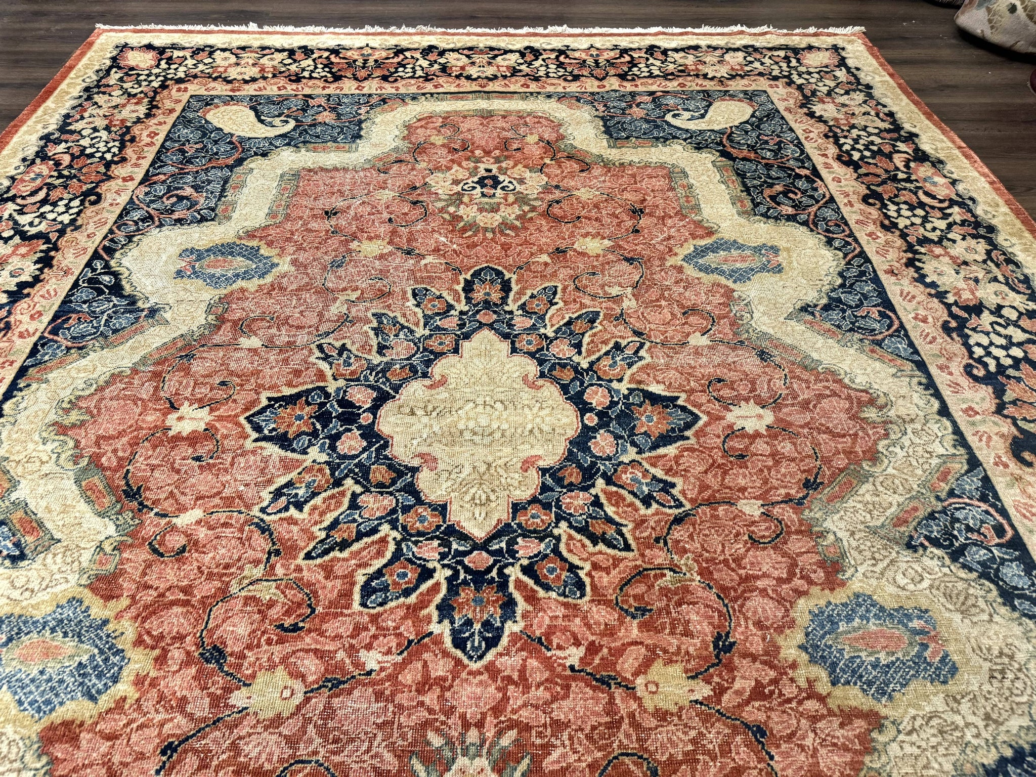 Antique Persian Sarouk Rug 9x12, Boteh Paisleys, Light Red Navy Blue by Jewel Rugs