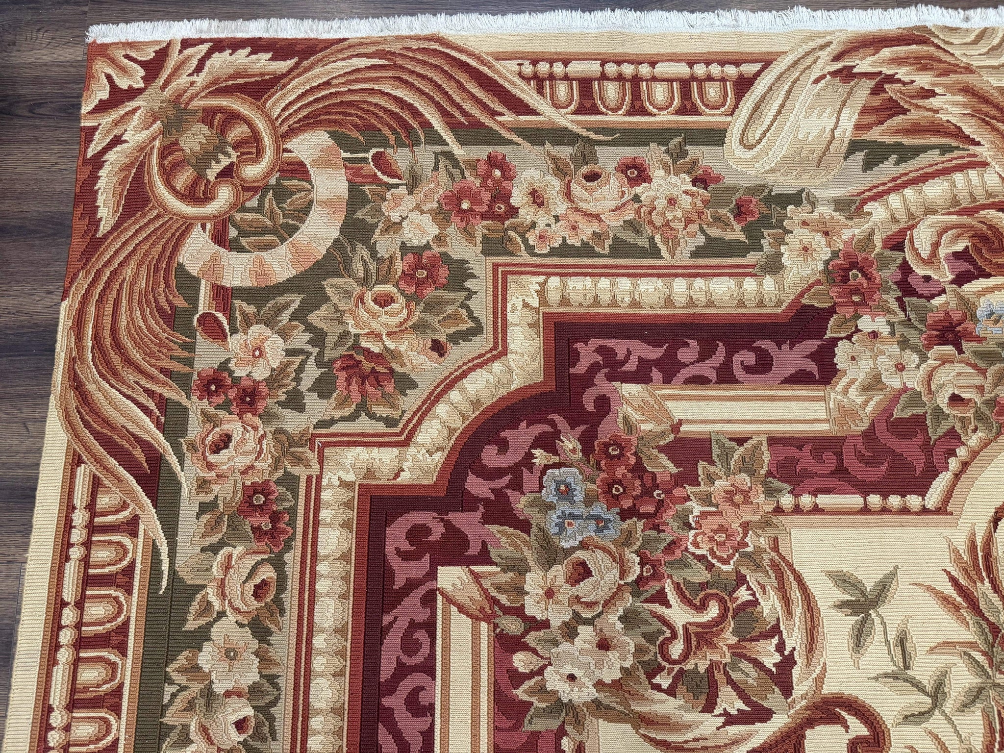 Large Aubusson Rug 10x13, Thick Flatweave Carpet, Elegant European Design, Cream and Raspberry by Jewel Rugs