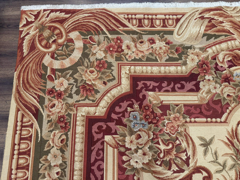 Large Aubusson Rug 10x13, Thick Flatweave Carpet, Elegant European Design, Cream and Raspberry by Jewel Rugs