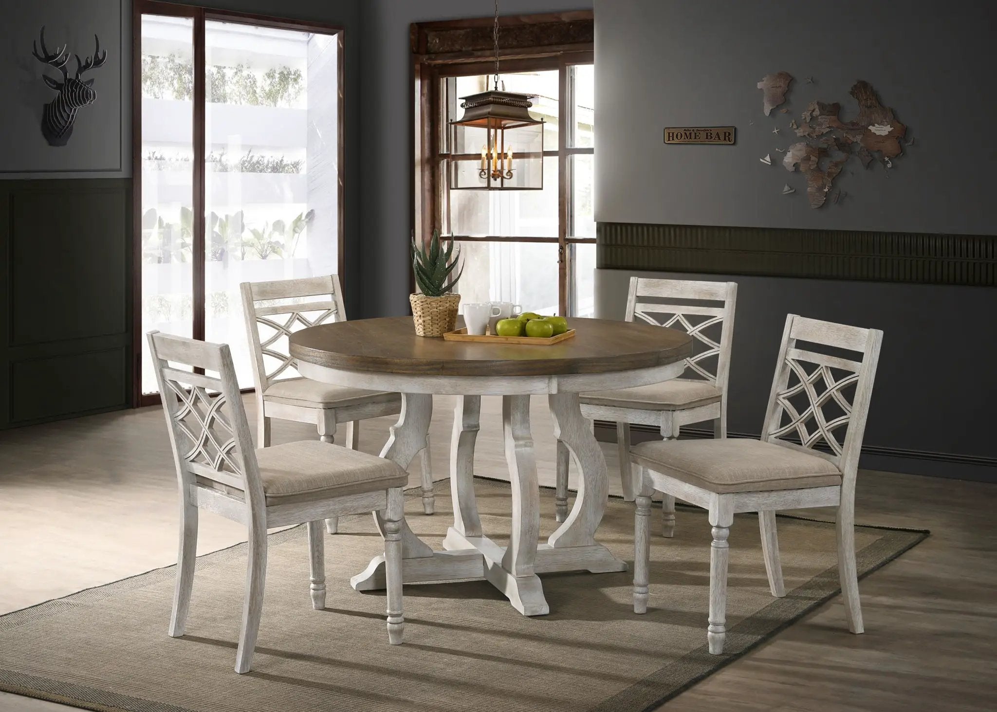 Havanna - 5 Piece Wide Round Dining Table With Off White Chairs (Set of 5) - Vintage Walnut by HouseOfZazla