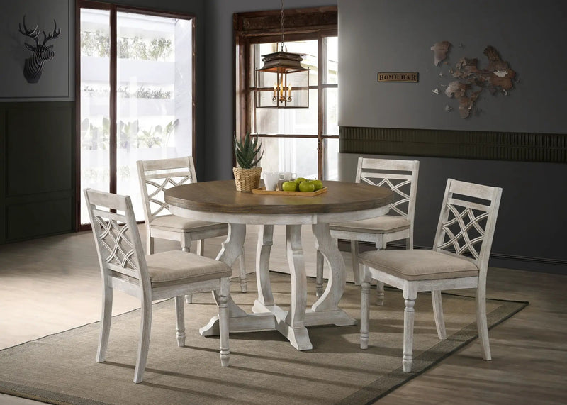 Havanna - 5 Piece Wide Round Dining Table With Off White Chairs (Set of 5) - Vintage Walnut by HouseOfZazla