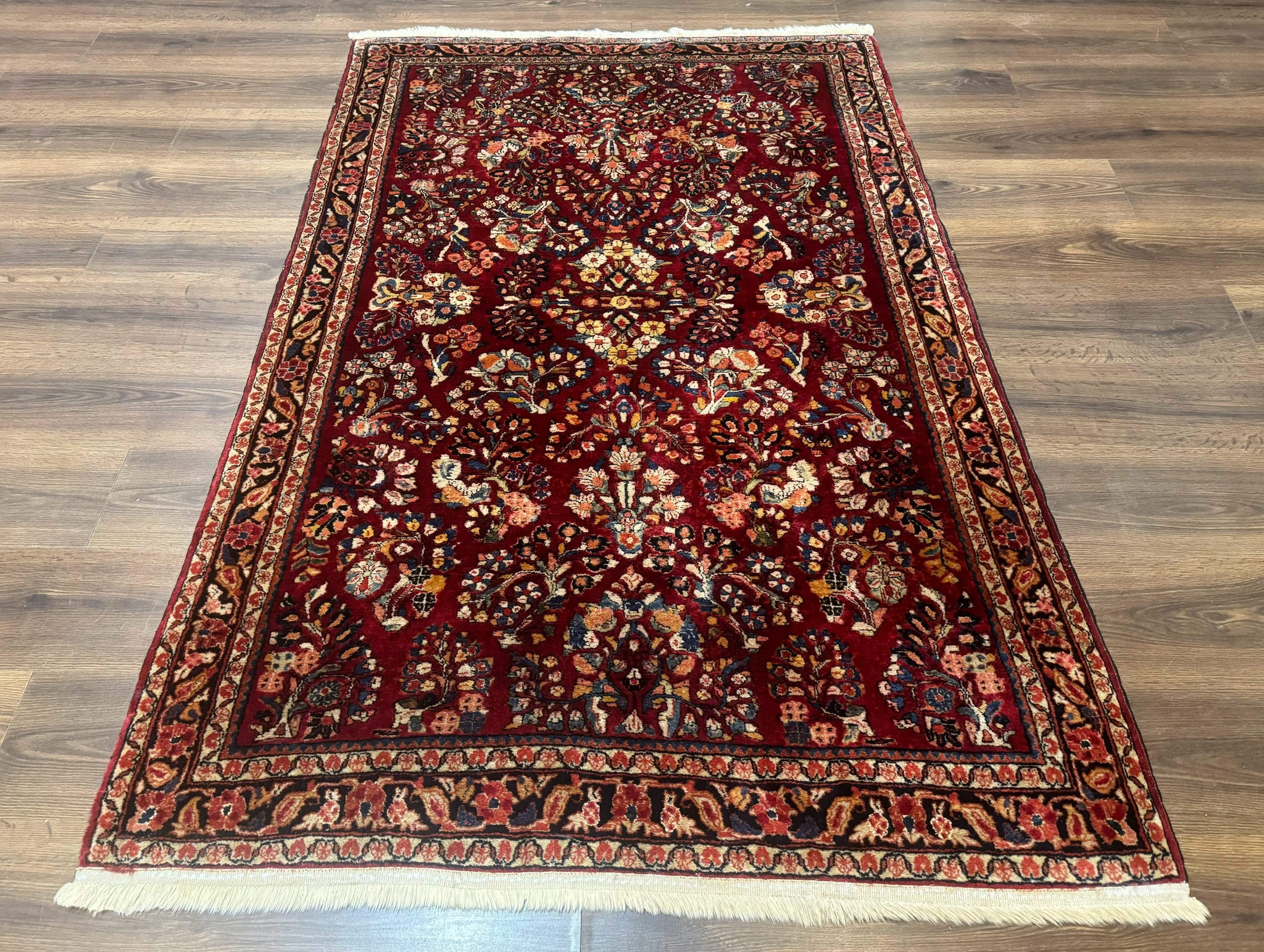 Antique Persian Sarouk Rug 4x6, Floral, Red, Wool Hand Knotted Fine 225 KPSI by Jewel Rugs