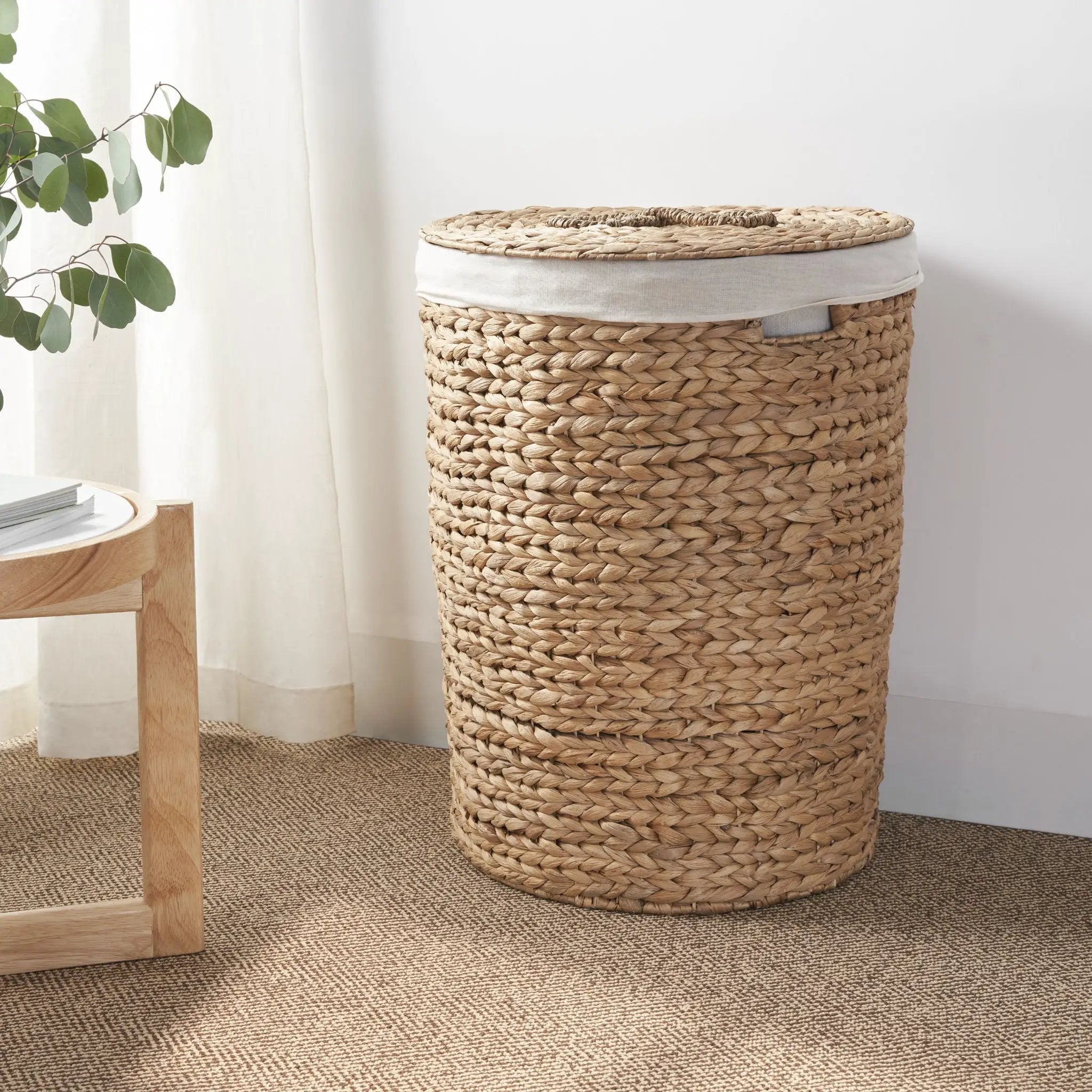 Ludmilla Round Tall Water Hyacinth Woven Wicker Laundry Hamper With Lid - For Clothes, Toys And Book Storage With Removable Liner - 18" X 18" X 23" - Natural Brown by Unique Piece Furniture