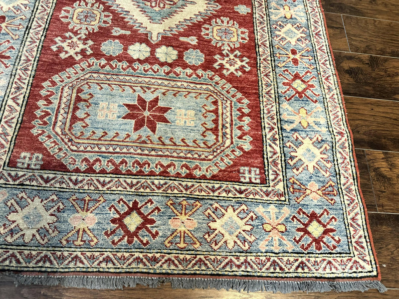 Turkish Kazak Rug 4x6, Handmade Vintage Wool Carpet, Geometric Design, Red and Light Blue by Jewel Rugs