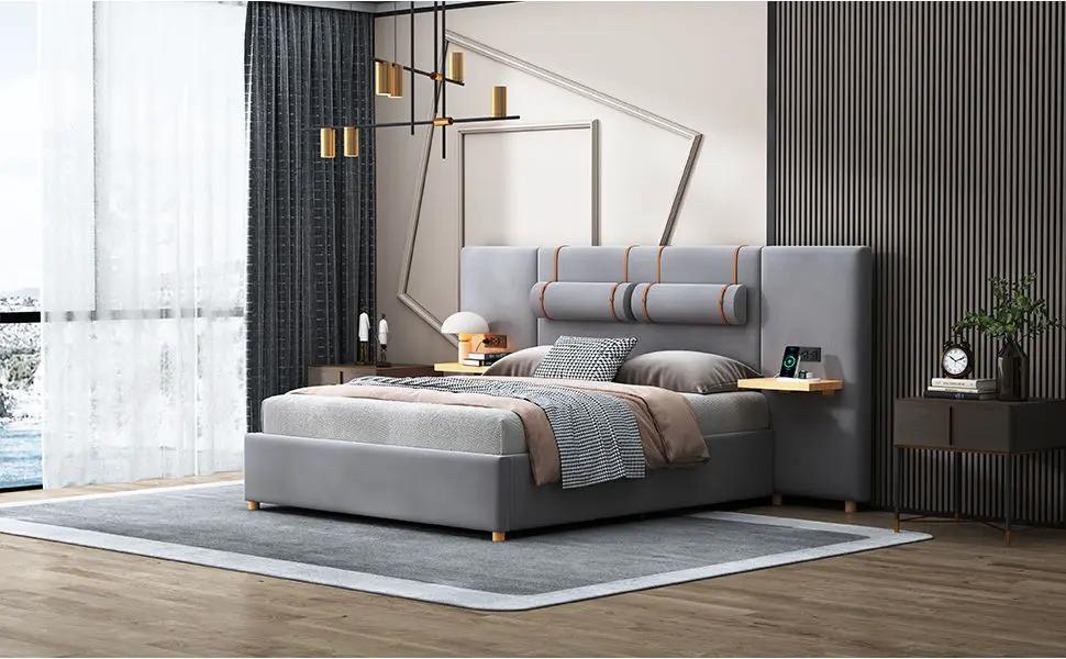 Upholstered Platform Bed, 2 Outlets And USB Charging Ports On Both Sides, 2 Bedside Pillows, Storage Shelves by HouseOfZazla