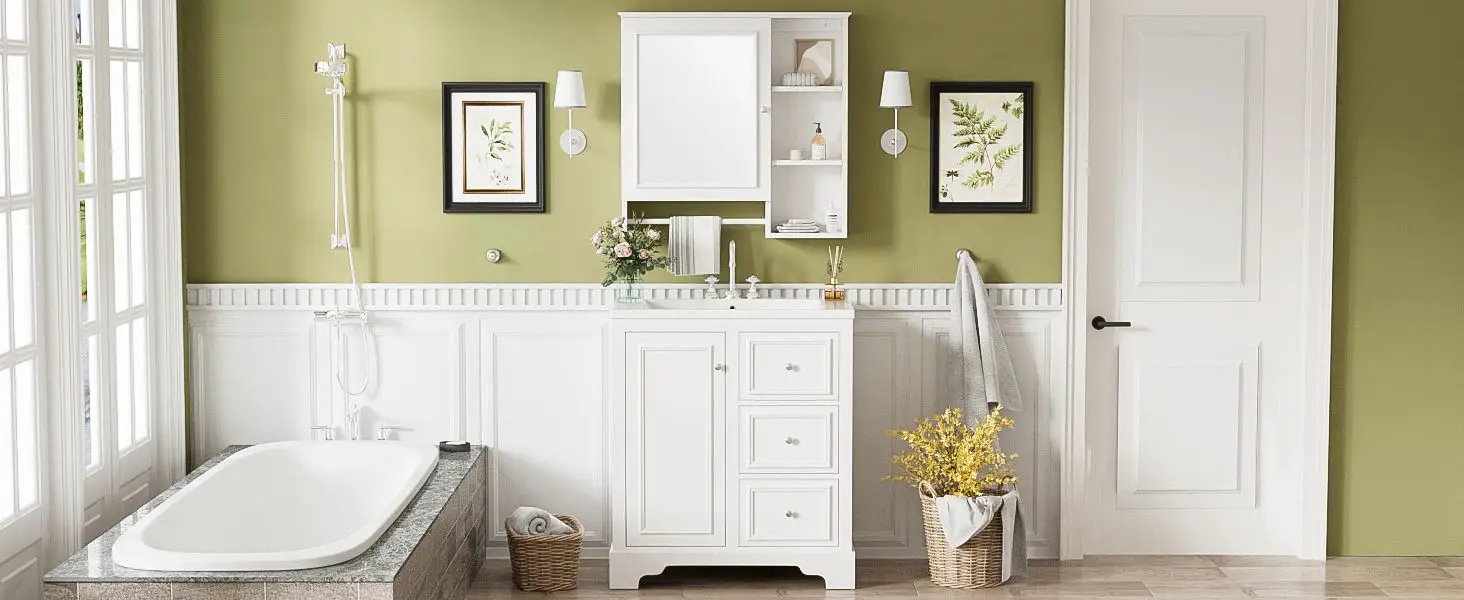 Bathroom Vanity With Sink, Modern Elegant Bathroom Storage Cabinet With 3 Drawers And Adjustable Shelves, Freestanding Vanity Set With Mirror Cabinet, Single Sink Bathroom Vanity by HouseOfZazla