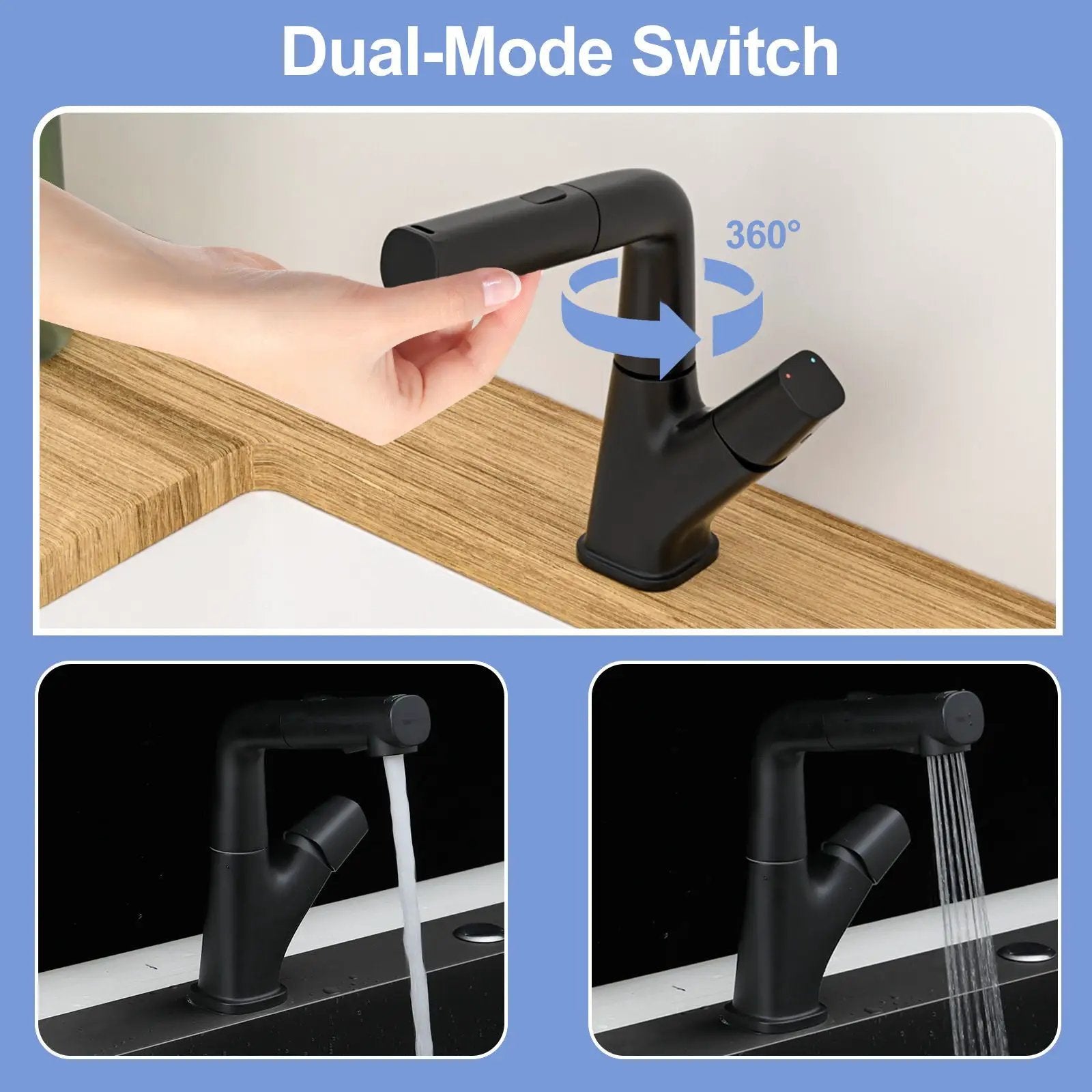 Pull Down Bathroom Sink Faucet With Three Water Modes And Construction - Matte Black by HouseOfZazla