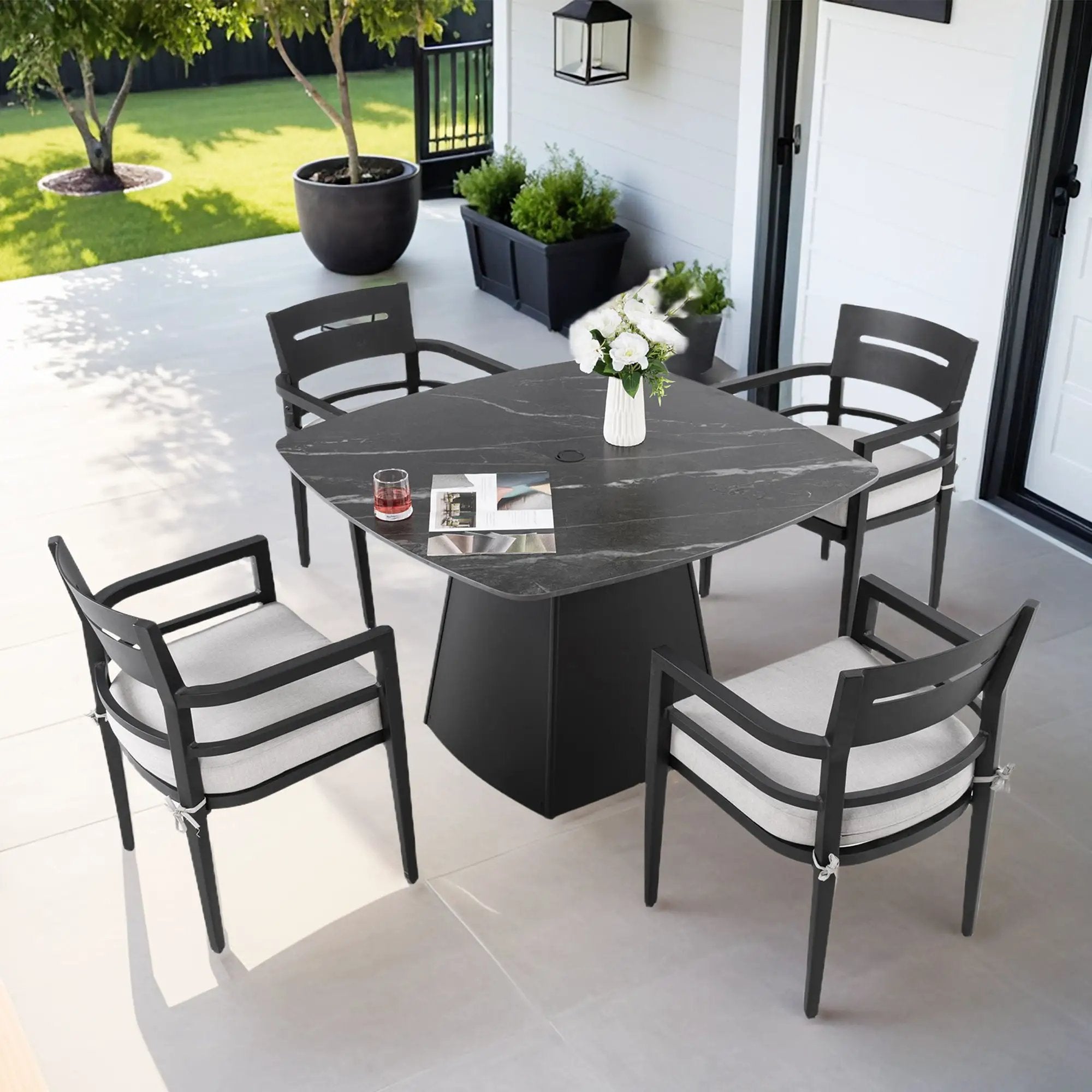 Outdoor Patio Dining Set, Squircle Dining Table, Dining Chairs With Sunbrella Cushions by Unique Piece Furniture